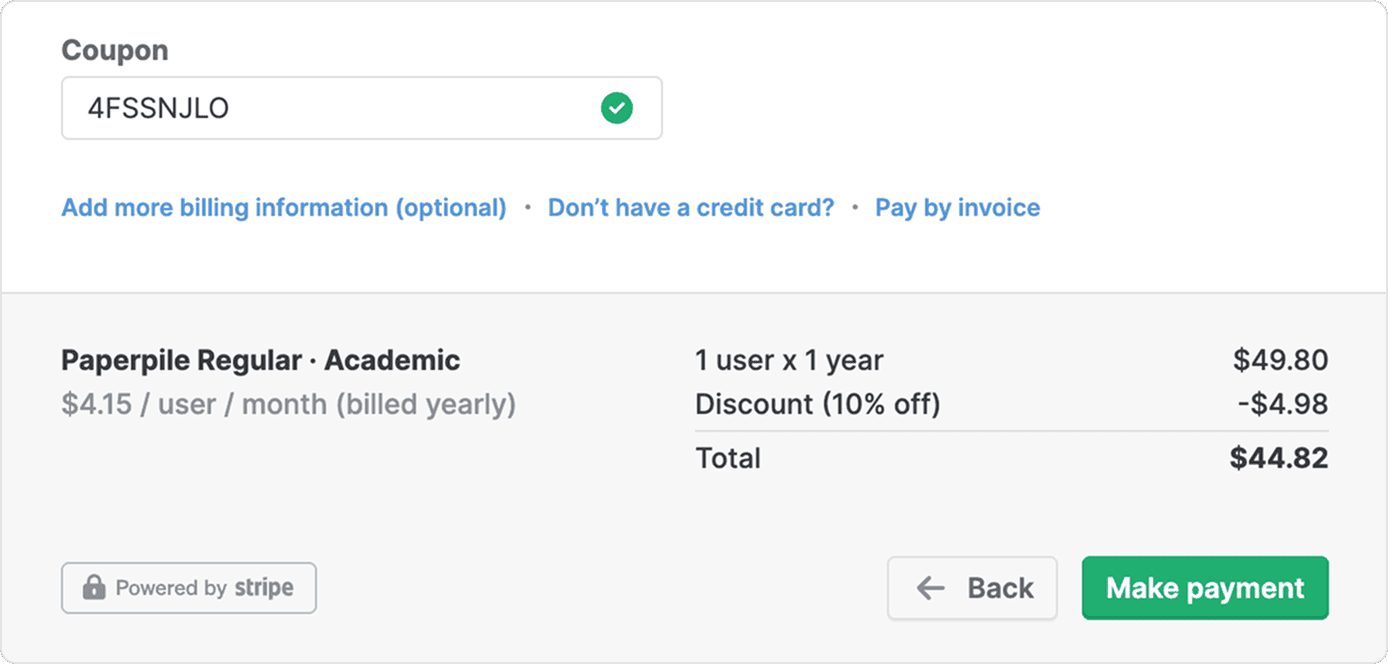 The checkout with a coupon code entered and validated with a green tick, and a price summary showing $49.80 less a 10% discount of $4.98 for a total of $44.82.